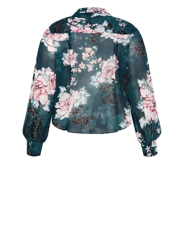 City Chic - Plus size Janine Blossom Print Tie Front Shirt - jade