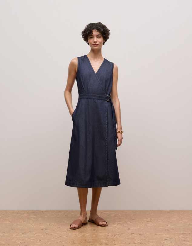 Trenery - Denim Sleeveless Wrap Dress in Indigo Rinse