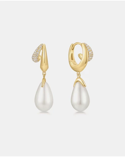 Ania Haie - Gold Sparkling Duet Mixed Shell Pearl Drop Huggie Earrings