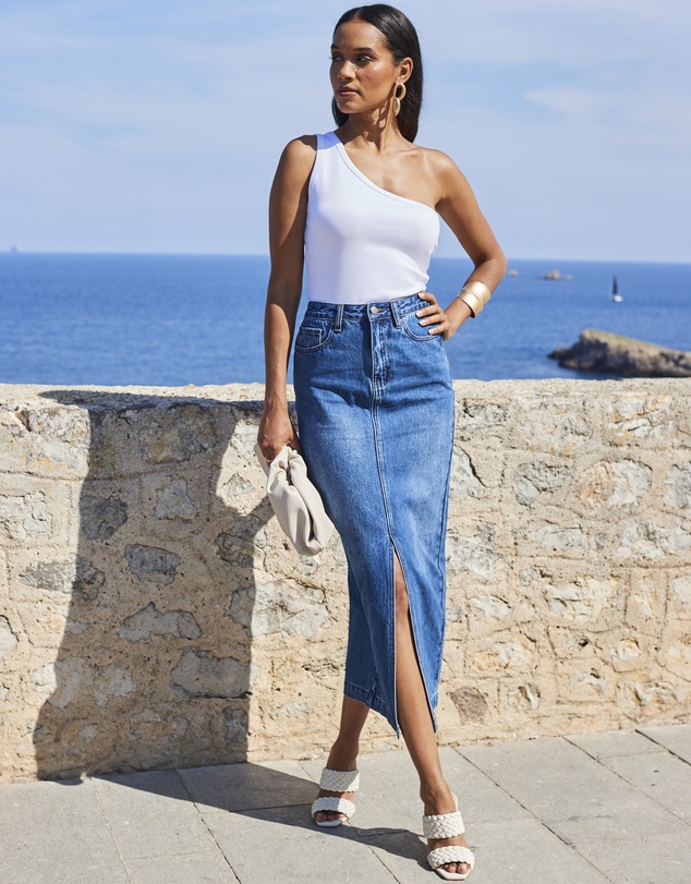 Sosandar - Longline Denim Midi Skirt