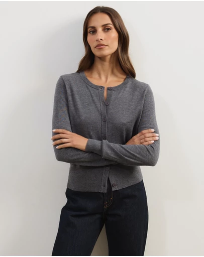 Atmos&Here - Elina Crewneck Knit Cardigan With Rib Hem