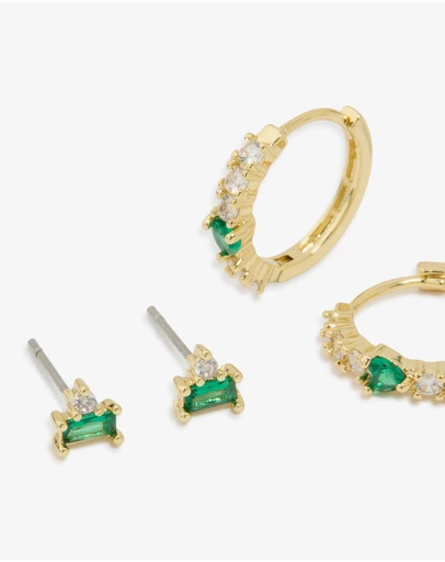 Lovisa - Gold Plated Brass Emerald Flower Stud & Huggie Earrings 3-Pack