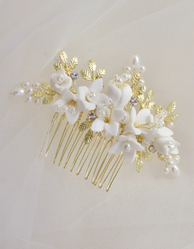The White Collection - Cora - Freshwater Pearl and Floral Detail Gold Bridal Comb
