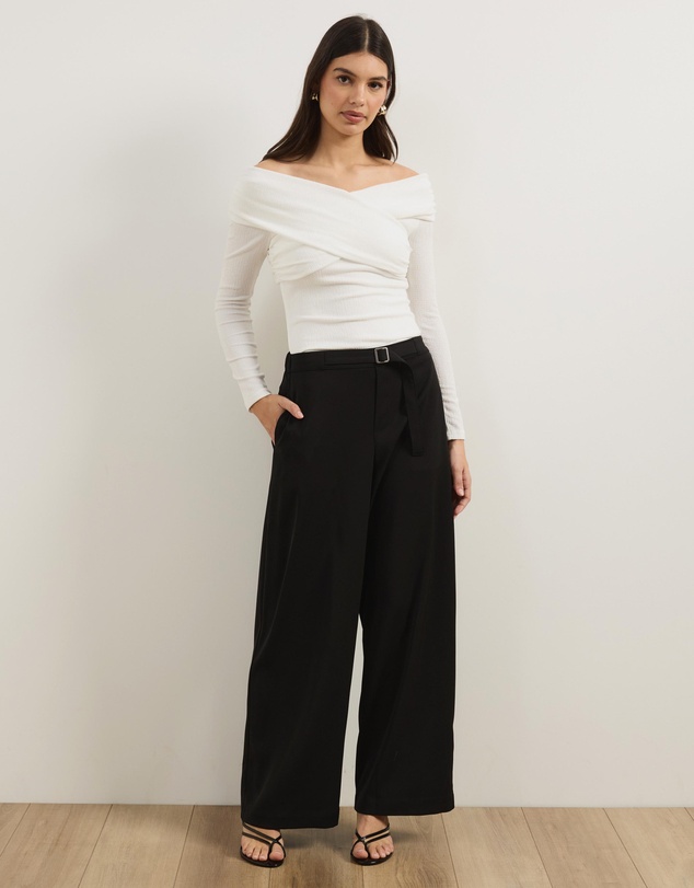 Atmos&Here - Nell Mid Rise Wide Leg Pants with Fabric Belt