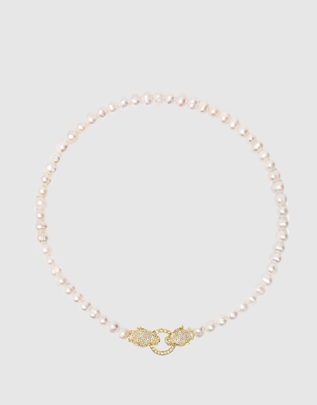 Nialaya Jewellery - Women's Pearl Choker with Gold Double Panther Head