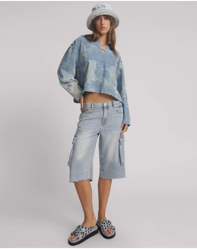 ONE TEASPOON - Skater Girl Low Waist Super Long Leg Denim Jorts - Soft Blue