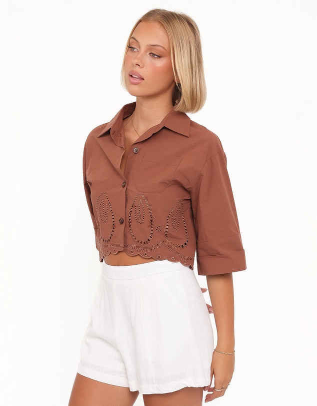 Petal & Pup - Williams Cropped Eyelet Button Up Shirt - Brown