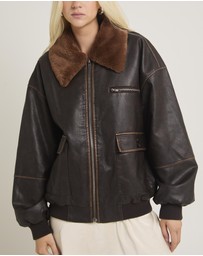 Alice In The Eve - Cody Fur Trim Distressed PU Jacket