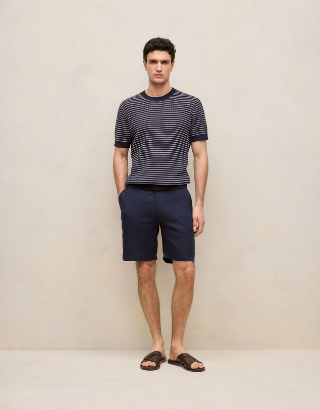 Trenery - Linen Cotton Rib Stripe Knit T-shirt in Navy