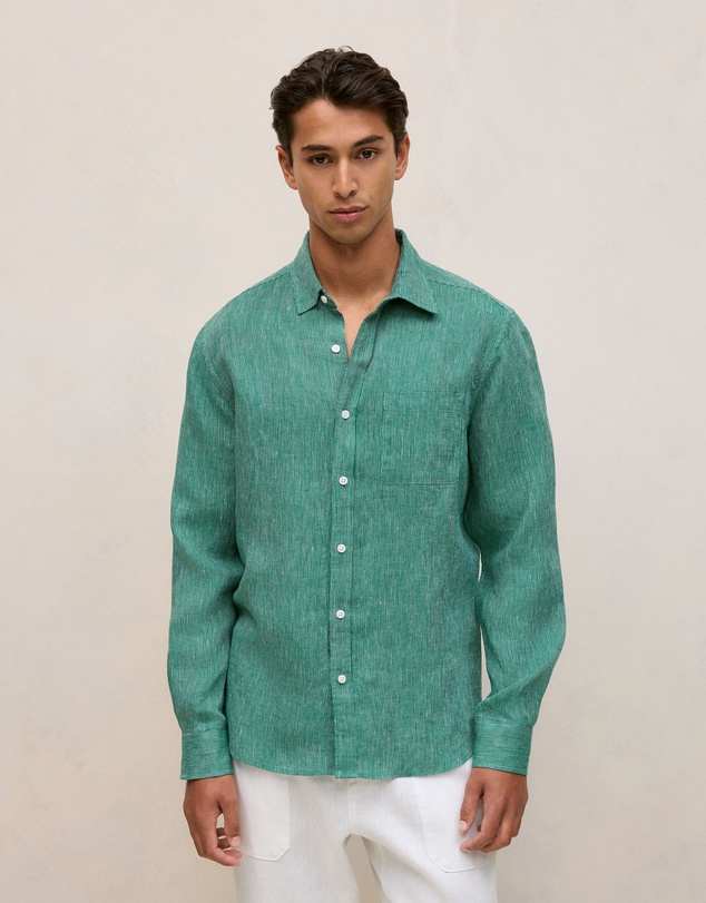 Trenery - Regular Fit Linen Fine Stripe Shirt in Deep Green
