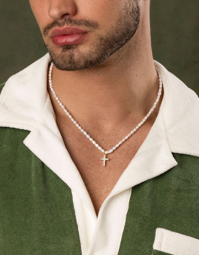 Nialaya Jewellery - Men's Mini Pearl Choker with Cross