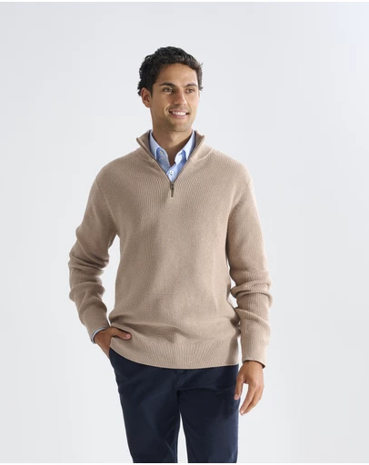 3 Wise Men - 3 Wise Men Frost Zip Neck Wool Blend Knit - Squirrel Brown