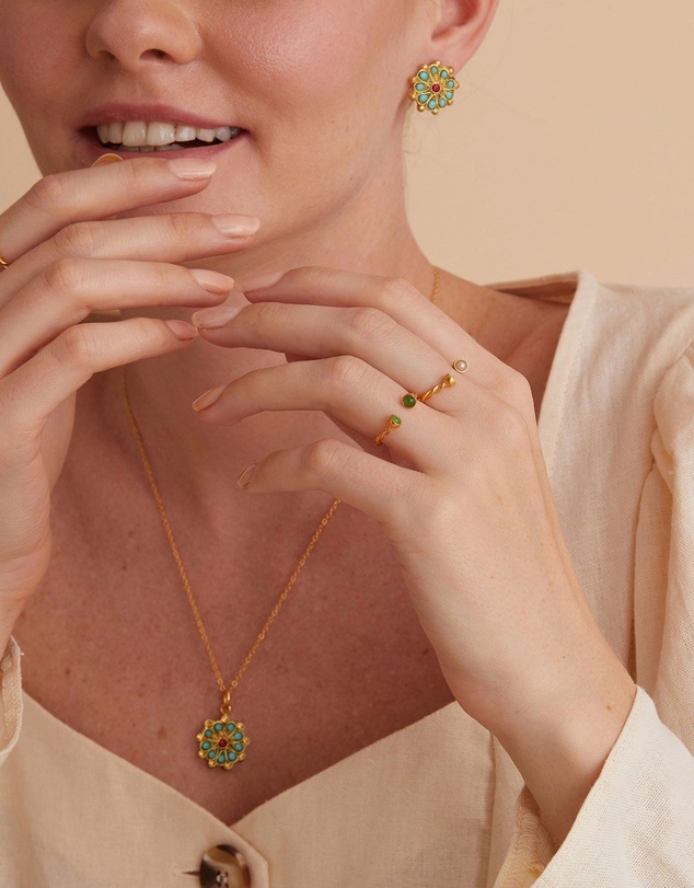 Ottoman Hands - Marigold Turquoise and Red Agate Beaded Stud Earrings