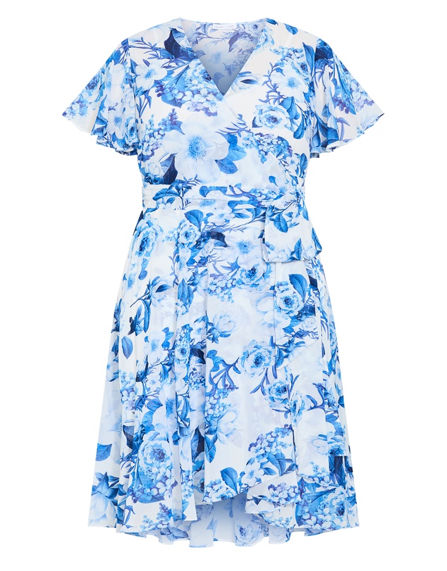 City Chic - Plus size Short Sleeve Bluebell Print Wrap Midi Dress - bluebell