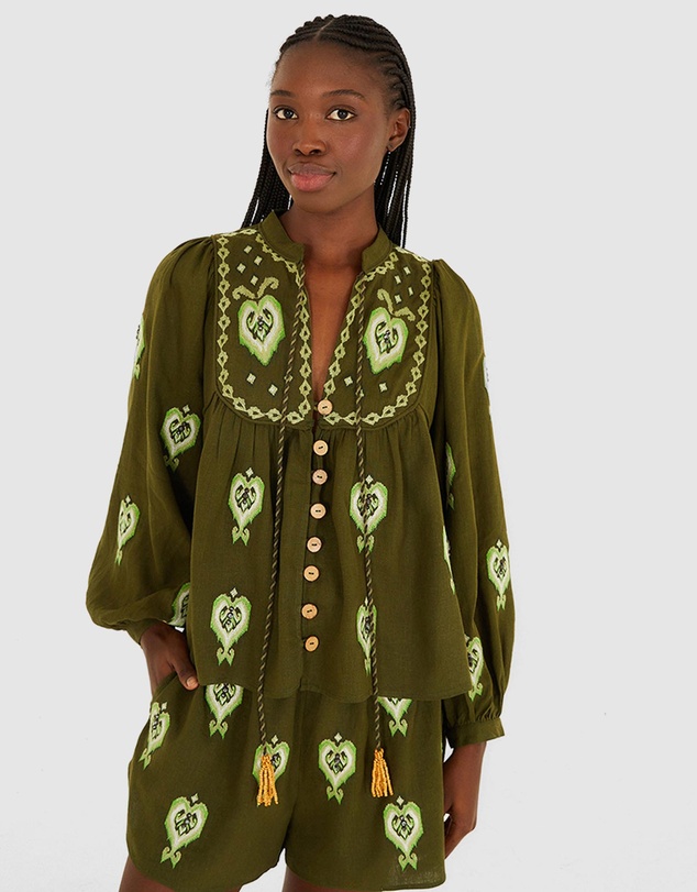 Farm Rio - Green Embroidered Blouse