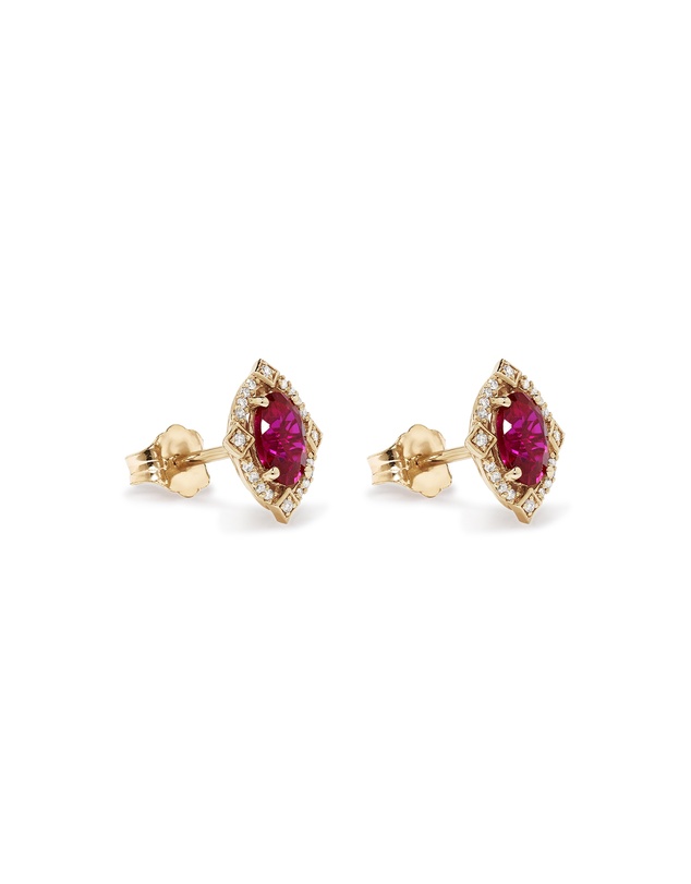 Michael Hill - Oval Cut Created Ruby and Diamond Halo Stud Earrings in 10kt Yellow Gold