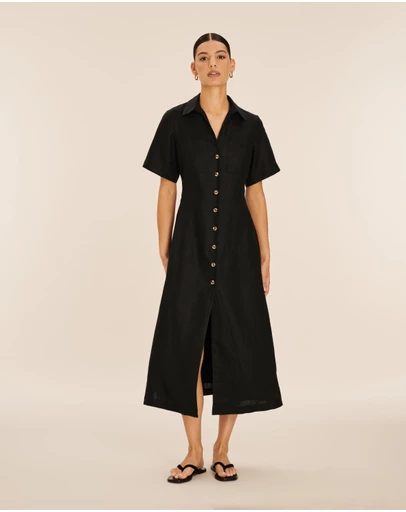 AERE - Opal Linen Open Collar Midi Dress