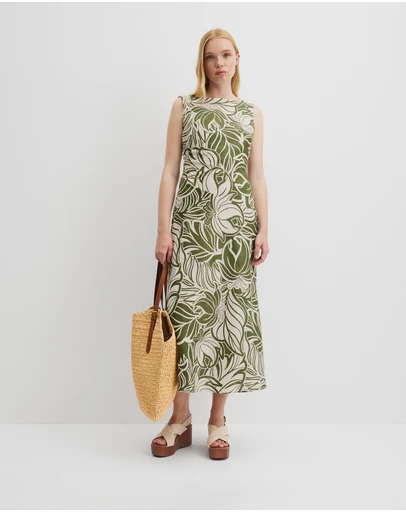 Country Road - Organically Grown Linen Print Rouched Maxi Dress