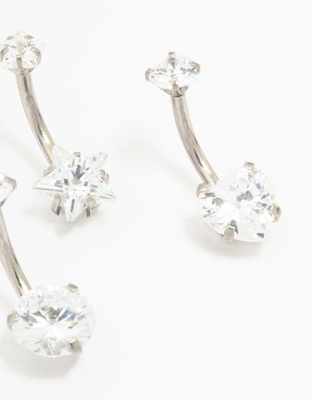 Lovisa - Surgical Steel Star & Heart Crystal Belly Piercing 3-Pack