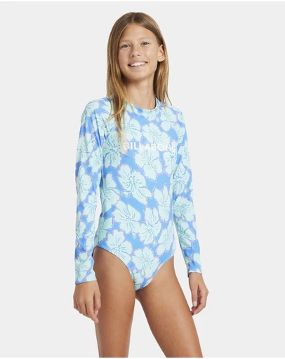 Billabong - Girls 6 to 14 Happy Hibiscus Long Sleeve Bodysuit Rash Vest