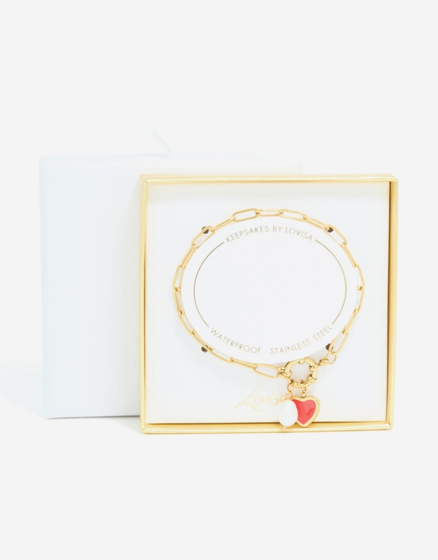 Lovisa - Waterproof Gold Plated Stainless Steel Red Enamel Heart & Pearl Charm Bracelet