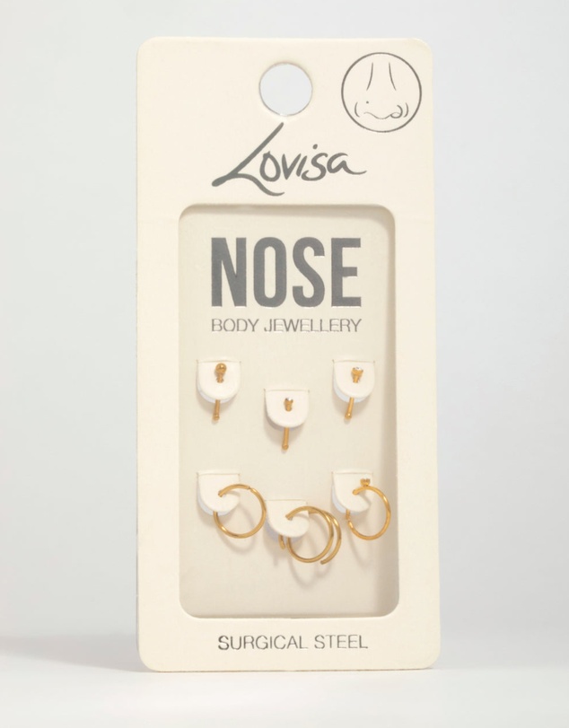 Lovisa - Gold Plated Surgical Steel Cubic Zirconia Bezel Nose Piercings 6-Pack