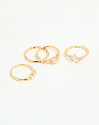 Lovisa - Gold Plated Cubic Zirconia Leaf Marquise Rings 4-Pack