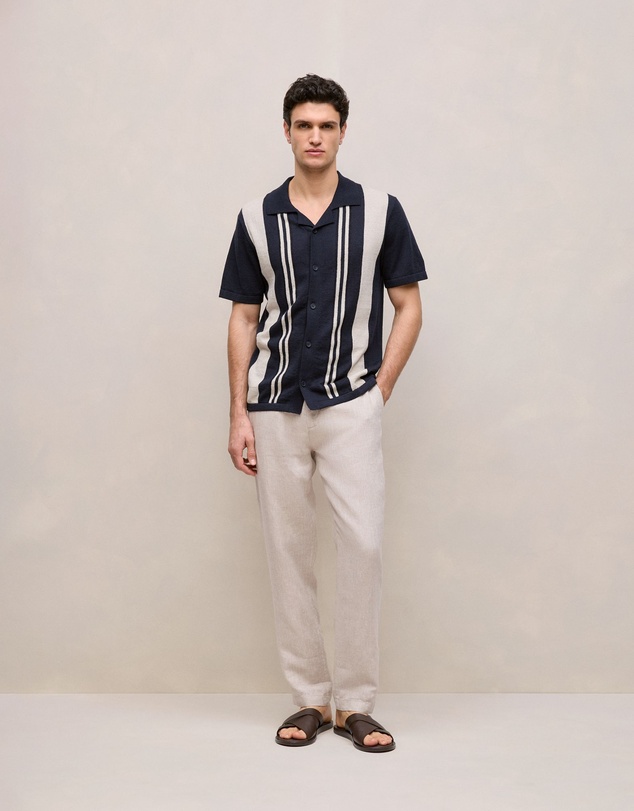 Trenery - Linen Cotton Stripe Intarsia Knit Shirt in Navy