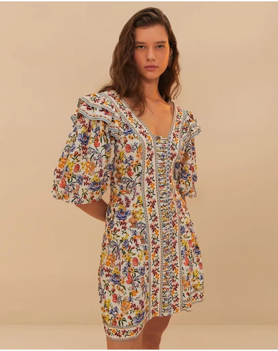 Farm Rio - Greek Garden Off-White Topstitched Yoke Mini Dress