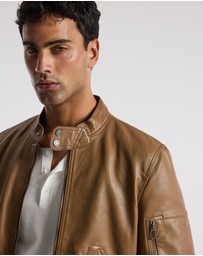 Calibre - Stand Collar Leather Bomber Jacket Camel