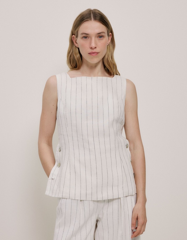 Trenery - Linen Pinstripe Sleeveless Top in Parchment