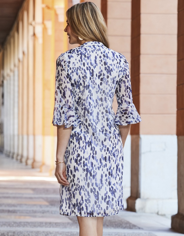 Sosandar - Abstract Print Ruffle Sleeve Tie Neck Dress