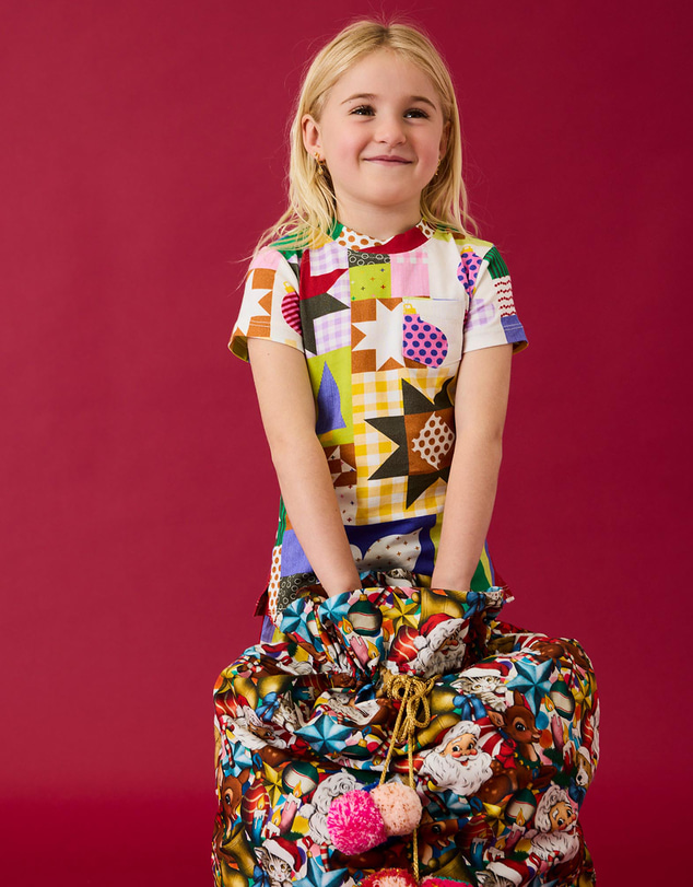 Kip&Co - Christmas Patchwork Organic Cotton Short Sleeve Tee and Frill Shorts Pyjama Set - Babies-Teens