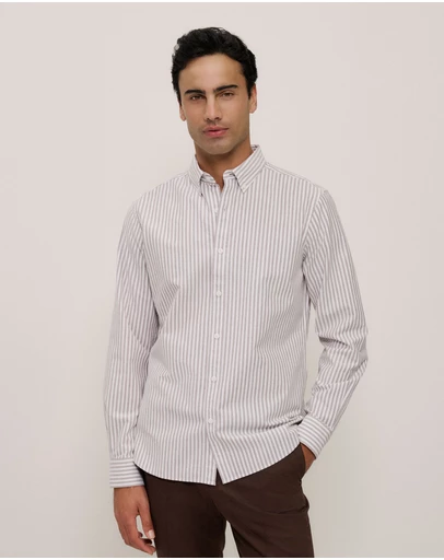 Trenery - Regular Fit Wide Stripe Oxford Shirt in Coffee