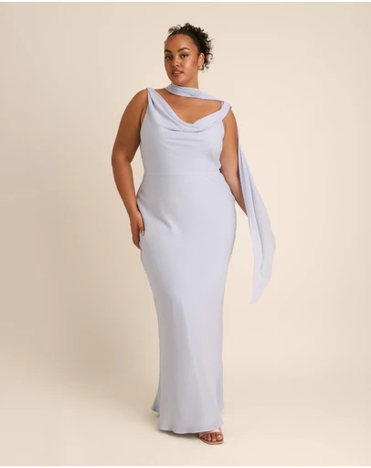 Six Stories - Plunge Cowl Front Chiffon Bridesmaid Dress with Neck Scarf