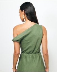 Revibe - Repaired AERE Fia Linen Draped Off Shoulder Maxi Dress - AU 12