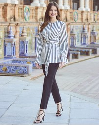 Sosandar - Ivory & Black Satin Stripe Keyhole Detail Tie Side Top