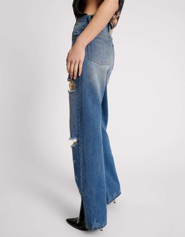 ONE TEASPOON - Shredded Gold Billie Low Slung Straight Leg Mid Waist Denim Jeans