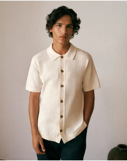 Trenery - Cotton Basketweave Knit Shirt in Parchment