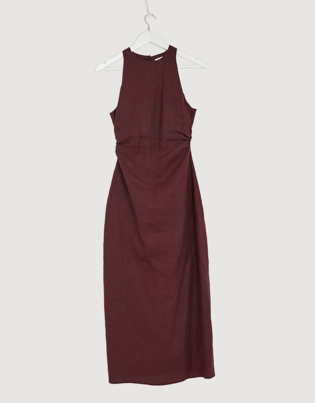 Revibe - Repaired AERE Elow Ruched Linen Midi Dress - AU 8