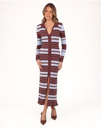 Petal & Pup - Eliana Long Sleeve Midi Dress - Brown Blue Stripe