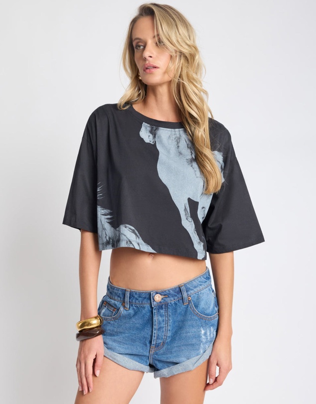 ONE TEASPOON - Wild Horses Crop Tee - Washed Black