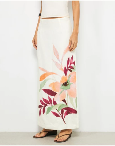 AERE - Winnie Floral Print Linen Maxi Skirt