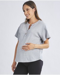 Angel Maternity - Simple Classic Ribbed Button Short Sleeve Top In Flower Grey