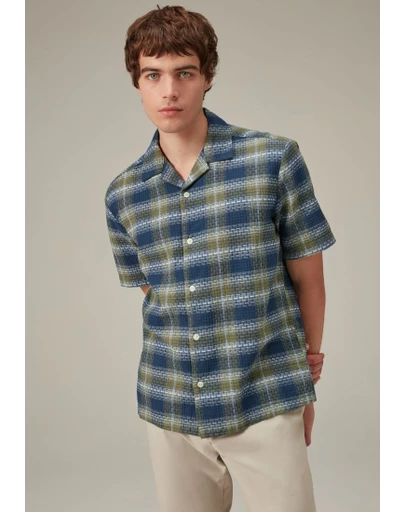 NEXT - Textured Check Short Sleeve Shirt With Cuban Collar
