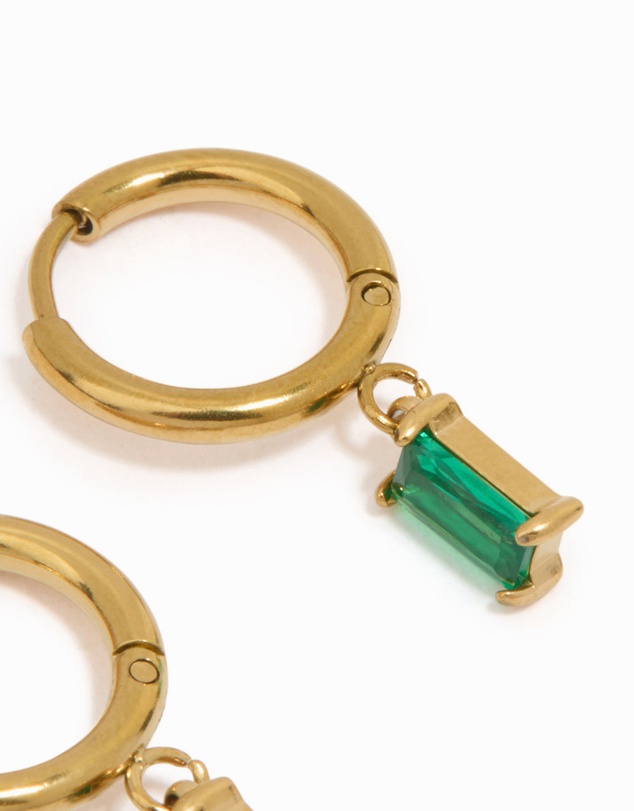 Lovisa - Waterproof Gold Plated Stainless Steel Green Baguette Huggie Earrings