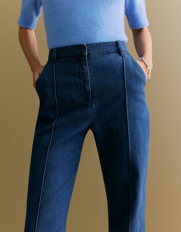 Trenery - Australian Cotton Blend Denim Pintuck Pant in Mid Blue Denim