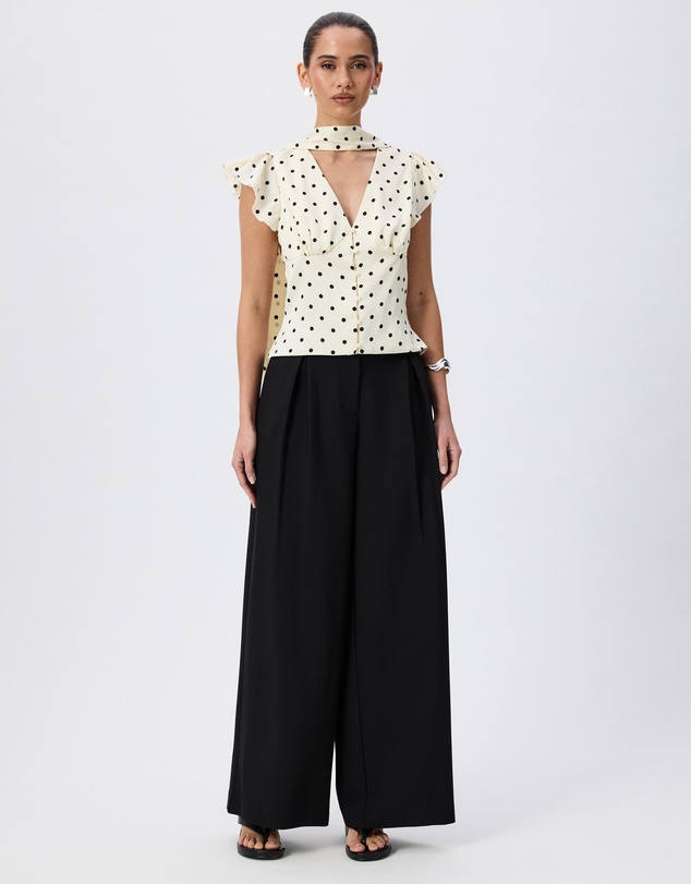 Tussah - Athena Polka Dot Satin Flutter Sleeve Blouse With Neck Scarf
