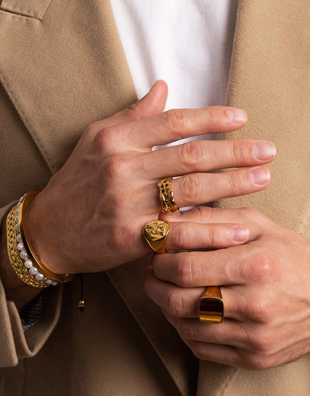 Nialaya Jewellery - Men's Gold Signet Ring with Brown Tiger Eye