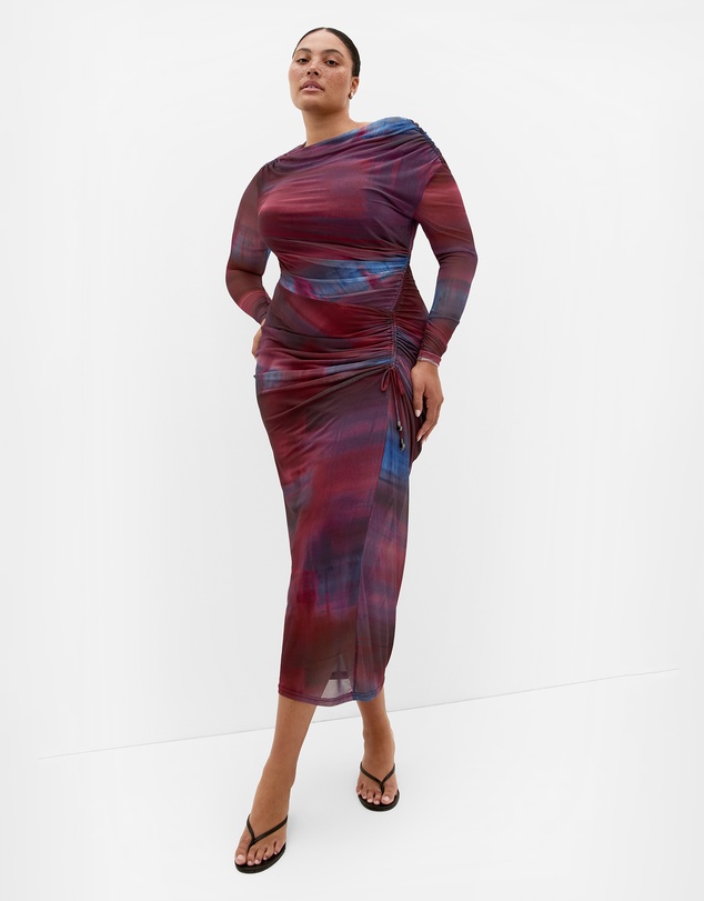 City Chic - Plus size Amber Mesh Gather Maxi Dress - berry